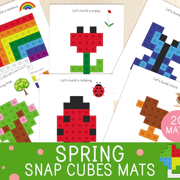 Tapetes Spring Snap Cubes, Tarjetas de tareas de cubos conectados, Preescolar, Juego de jardín de infantes, Centros de matemáticas, Habilidades motoras finas, Actividad de conteo