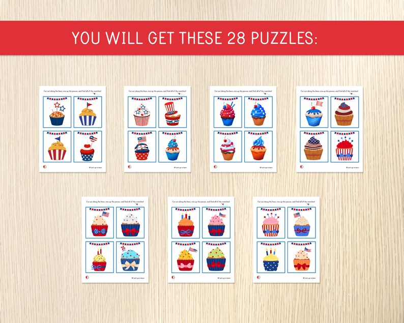 May include: A set of 28 printable puzzle cards featuring images of cupcakes decorated with red, white, and blue patriotic themes. The text "You will get these 28 puzzles" is at the top of the image.