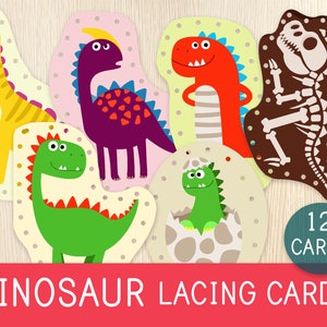 Schede di allacciatura stampabili con dinosauri, per bambini piccoli, attività prescolare, abilità motorie fini, gioco ispirato al metodo Montessori, vita pratica, stampabile
