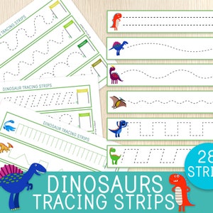 Tiras para traçar com dinossauros, prática de traçado, criança pequena, pré-escola, prática de caligrafia, folhas de atividades, centros de alfabetização, desenvolvimento da coordenação motora fina