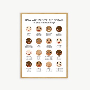 Poster Gefühle - Emotionen in Englisch & Spanisch, zweisprachiges Poster, Klassenzimmer und Dekoration, Wandkunst, Vorschule, Grundschule, EFL, ESL