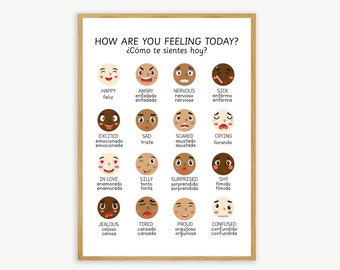 Feelings - Emotions Poster in English & Spanish, Bilingual Poster, Classroom and Home Decor, Wall Art,Preschool, Elementary School, EFL, ESL