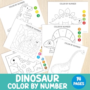 May include: A collection of dinosaur-themed color-by-number pages. Each page features a different dinosaur outline with numbered sections. Color keys are provided with each image. The text "DINOSAUR COLOR BY NUMBER" is at the bottom, with "14 PAGES" in a blue circle.