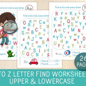 Hojas de trabajo del alfabeto - Juegos para preescolar y jardín de infantes - Hojas de trabajo de búsqueda de letras de la A a la Z - Juego de búsqueda de letras - Recursos para la educación en el hogar, aprendizaje del abecedario