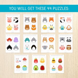 May include: A set of 44 printable puzzle cards featuring cute cartoon animals, food, and other characters. Each card is divided into two sections, with a different part of the character on each section. The cards are printed on white paper with black outlines.