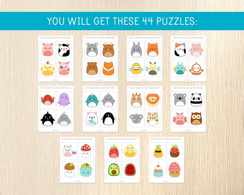 May include: A set of 44 printable puzzle cards featuring cute cartoon animals, food, and other characters. Each card is divided into two sections, with a different part of the character on each section. The cards are printed on white paper with black outlines.