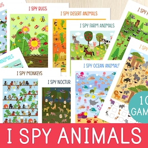 Veo, veo, animales, 10 juegos de buscar y encontrar, actividad de conteo, niños pequeños, preescolar, hojas de trabajo de matemáticas, juegos para niños, bosque, pájaros, granja, insectos