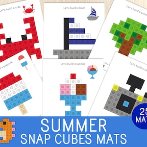 Tapetes Summer Snap Cubes, Cartões de Tarefas Connecting Cubes, Pré-escola, Jogo de Jardim de Infância, Centros de Matemática, Habilidades Motoras Finas, Atividade de Contagem
