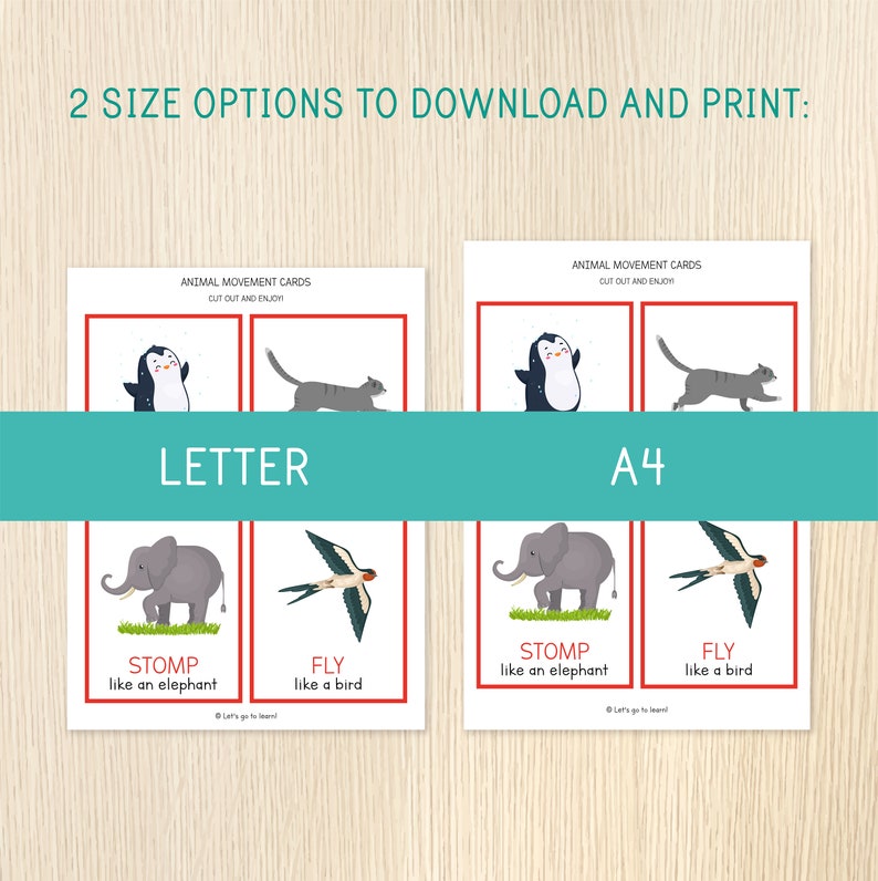 May include: Two printable animal movement cards, one in letter size and one in A4 size. Each card features a different animal, such as a penguin, cat, elephant, and bird, with text describing how the animal moves, such as "Stomp like an elephant" and "Fly like a bird".