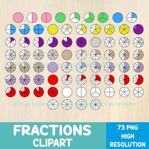 Paquete de fracciones Clipart - 73 fracciones circulares - Clipart de matemáticas - Montessori - Educación en el hogar - Centros de matemáticas - Hojas de trabajo - Archivos PNG - Educativo