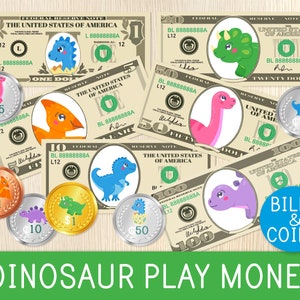 Play Money, Dinosaurs, Kids Pretend Play, Toy Money, US Bills and Coins, Preschool, Kindergarten, First Grade, Math Centers, Dramatic Play
