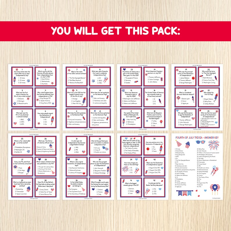 May include: A printable set of 32 Fourth of July trivia cards with red, white, and blue accents. The cards feature a variety of questions about American history and the holiday. The answer key is included on the last card.