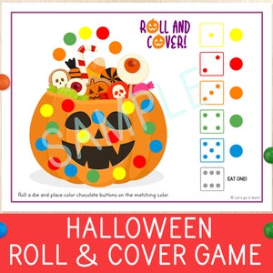 Rouleau d&#39;Halloween et jeu de couverture, Jack-O&#39;-Lantern Bonbons, jeu de dés imprimable, Activité de fête d&#39;Halloween à la maison et dans la salle de classe, Jardin d&#39;enfants, Citrouille