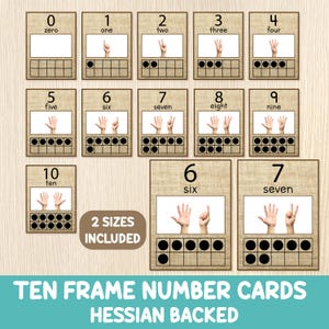 Tien kaarten met lijstnummers, kaarten Hessian, flashcards 0 tot 10, vingers tellen, peuter- en kleuterschool, subitizing, afdrukbaar wiskunde