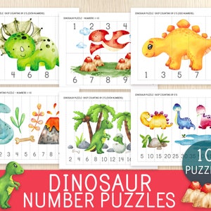 Dinosaur Number Puzzles, Sequence Puzzles, Count 1 to 20, Skip Counting Puzzles  by 2s, 5s & 10s, Preschool, Kindergarten Math Game,Activity