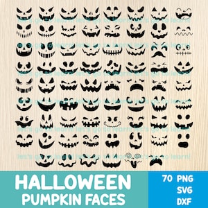 May include: A collection of black pumpkin face designs for Halloween. The image features a variety of expressions, from scary to comical. The image also includes the text "HALLOWEEN PUMPKIN FACES" and file type information.