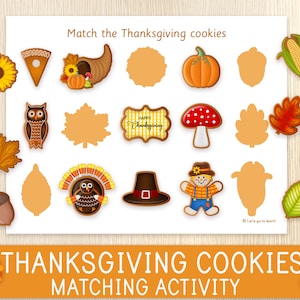 May include: Thanksgiving-themed matching activity featuring colorful cookie illustrations. The sheet includes images of a sunflower, pumpkin, cornucopia, owl, leaf, acorn, turkey, pilgrim hat, scarecrow, and more. Text reads "Match the Thanksgiving cookies" and "Thanksgiving cookies matching activity."