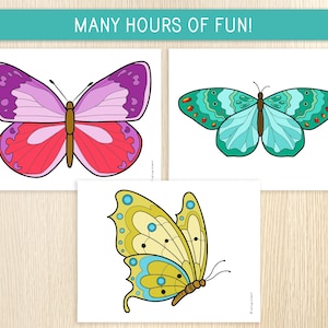 May include: Three printable coloring pages featuring butterflies. The butterflies are in different colors and designs. The first butterfly is pink and red, the second is blue and green, and the third is yellow and blue.