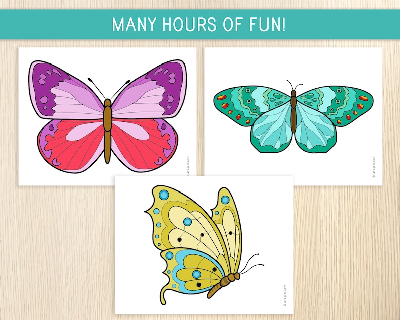 May include: Three printable coloring pages featuring butterflies. The butterflies are in different colors and designs. The first butterfly is pink and red, the second is blue and green, and the third is yellow and blue.