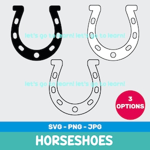 Può includere: Tre disegni di ferri di cavallo in bianco e nero, con il testo "let's go to learn!" in azzurro. Un cerchio rosso con la scritta "3 OPTIONS" si trova nell'angolo in basso a destra. Il testo "SVG - PNG - JPG" e "HORSESHOES" sono in un rettangolo blu.