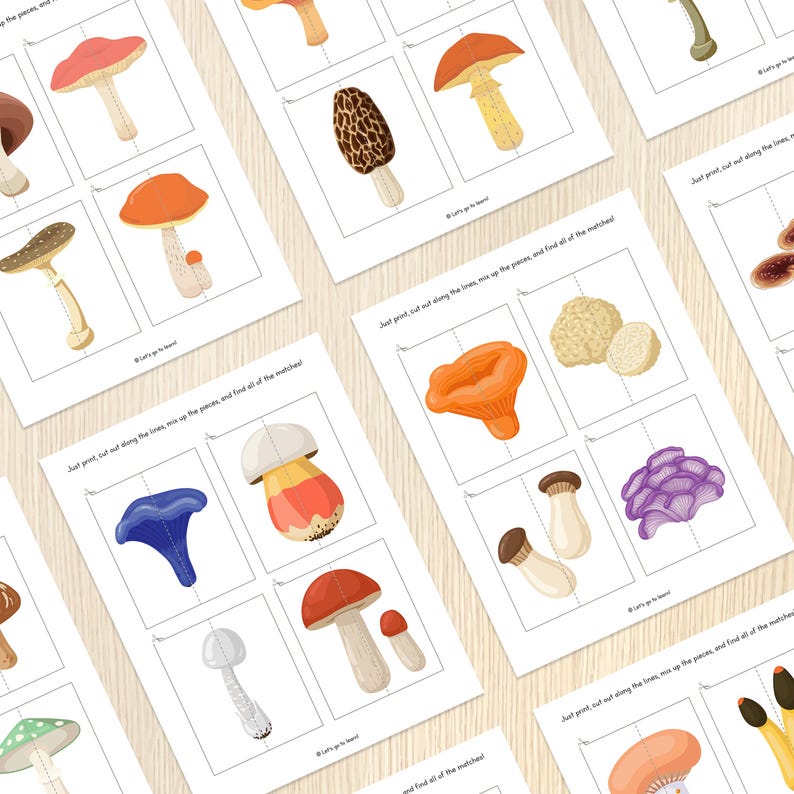 May include: Sheets of paper with colorful mushroom illustrations for a matching game. The mushrooms are in various shapes and colors, including red, orange, blue, and purple. Text on the sheets reads, "Just print, cut out along the lines, mix up the pieces, and find all of the matches!"