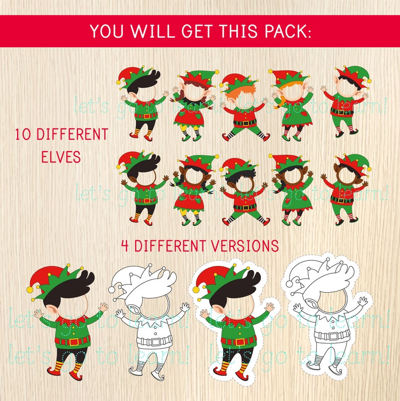 May include: A digital pack featuring 10 different elf designs in various poses, with red, green, and black colour schemes. The pack also includes 4 different versions of the elf design, including a black and white outline.