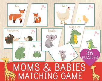 Moeder- en babydieren-matchingspellen, 36 puzzels, matching-activiteit voor peuters en kleuters, matching-vaardigheden, bezig tas-idee, Montessori