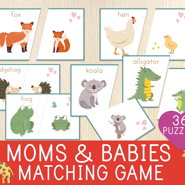 Mother & Baby Animals Matching Games, 36 Puzzles, Matching Activity for Toddlers and Preschool, Matching Skills, Busy Bag Idea, Montessori