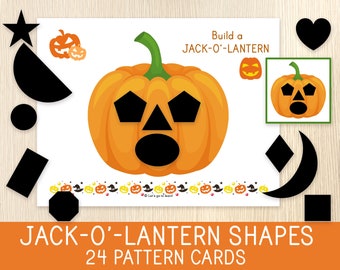 Build a Jack-O'- Lantern, Shapes Matching Activity, Halloween Printable Game, Pumpkin Faces with Shapes, Busy Book,  Preschool Learning