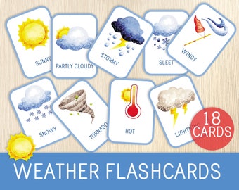 Weather Flashcards, 18 Weather Cards, Toddler, Preschool Cards,  Weather Activity, Kindergarten Activity, Morning Basket, Circle Time