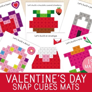 May include: A set of 19 Valentine's Day themed snap cube mats. The mats feature images of a heart, a chocolate covered strawberry, a padlock, a donut, an envelope, and a tulip. Each image is made up of a grid of squares that represent the different colored snap cubes needed to build the image.