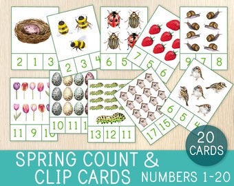 Tarjetas de conteo y recorte de primavera, números del 1 al 20, juego de tarjetas de conteo, tarjetas didácticas, actividad de primavera, materiales Montessori, preescolar, jardín de infancia