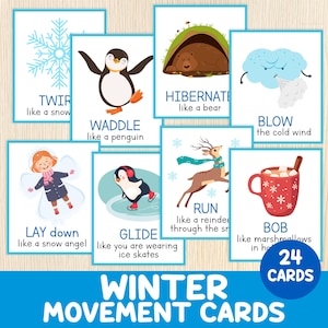 May include: A set of 24 winter movement cards with illustrations and text. Each card features a winter-themed action, such as "Twirl like a snow" and "Waddle like a penguin." The cards are designed for educational and fun activities.