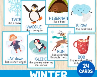 Winter Movement Cards, Winter Game, 24 Flashcards, Gross Motor Skills, Preschool & Kindergarten Brain Breaks, Centers, Educational Activity