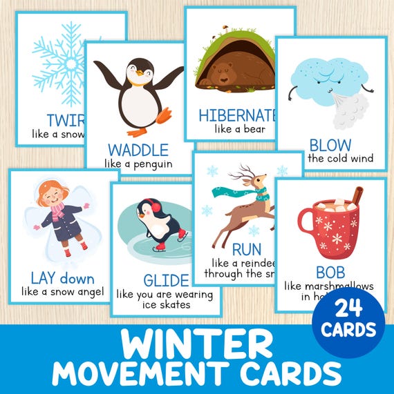 Winter Movement Cards, Winter Game, 24 Flashcards, Gross Motor Skills, Preschool & Kindergarten Brain Breaks, Centers, Educational Activity