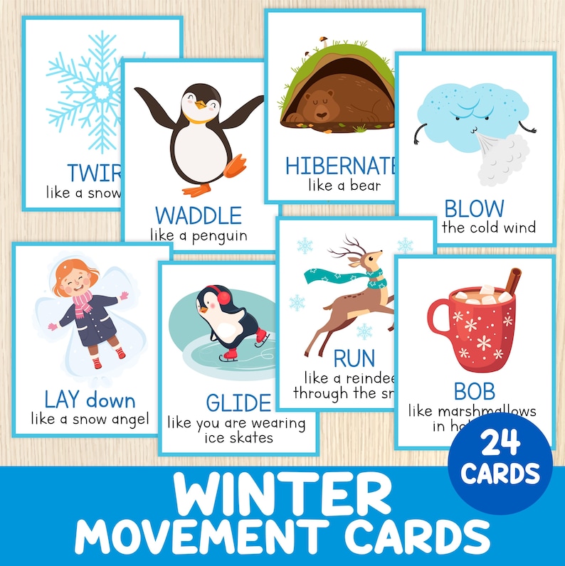 Puede incluir: Un conjunto de 24 tarjetas de movimientos de invierno. Cada tarjeta presenta una acci&oacute;n con tem&aacute;tica invernal con ilustraci&oacute;n y texto, como "Twirl like a snow" y "Waddle like a penguin". Ideal para actividades educativas y l&uacute;dicas.