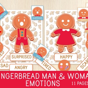Emoties voor kinderen werkblad met peperkoekman en vrouw, gevoelenskaarten, kerstspel, peuter, bijpassende activiteit, peuter druk boek