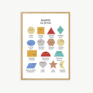 Shapes Poster in English & Spanish, Bilingual Poster, Classroom and Home Decor, Wall Art, Spanish Vocabulary, Educational Printable Chart