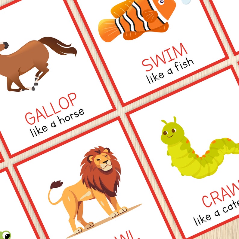 May include: A set of flashcards with colourful illustrations of animals and verbs describing how they move. The cards feature a horse galloping, a fish swimming, a caterpillar crawling, and a lion walking. Each card has a red border and the text "like a [animal]" in red.