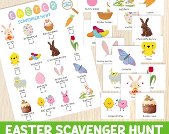 Búsqueda del tesoro de Pascua, búsqueda del tesoro en interiores con tarjetas para esconder, juego imprimible de Pascua para niños, juego en el hogar y el aula, actividad imprimible