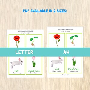 May include: Two sets of spring movement cards featuring a poppy, sprout, bunny, and tulip illustrations. The cards are labelled "Letter" and "A4" and include the text "Hop like a bunny" and "Stand tall like a tulip."