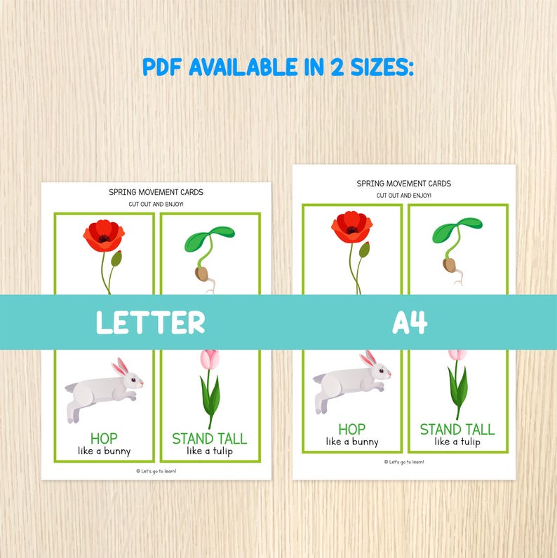 May include: Two sets of spring movement cards featuring a poppy, sprout, bunny, and tulip illustrations. The cards are labelled "Letter" and "A4" and include the text "Hop like a bunny" and "Stand tall like a tulip."
