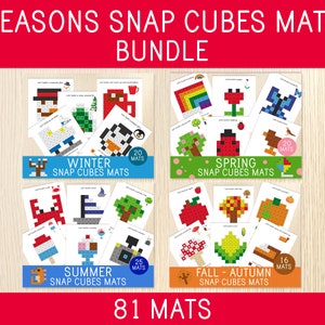 May include: A bundle of Seasons Snap Cubes Mats with the text "SEASONS SNAP CUBES MATS BUNDLE". The bundle includes Winter, Spring, Summer, and Fall-Autumn themed mats. Each mat features colorful designs for building with snap cubes. The bundle contains 81 mats.