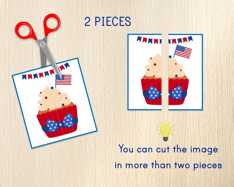 May include: A printable 2-piece puzzle featuring a red, white, and blue cupcake with a red bow and a small American flag. The puzzle is cut in half vertically. The text "2 PIECES" is at the top of the image. The text "You can cut the image in more than two pieces" is at the bottom of the image.