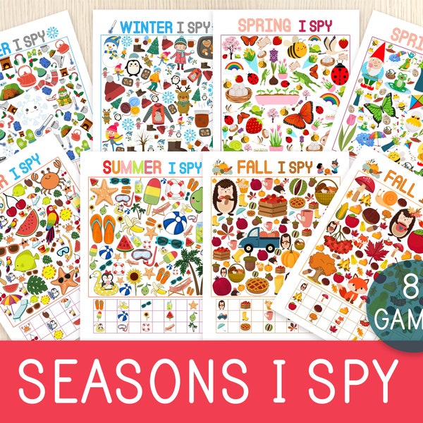 Seasons I Spy BUNDLE, Winter, Spring, Summer, Fall, Look and Find, Seek and Find, Counting Game, Party Activity, Preschool, Kindergarten