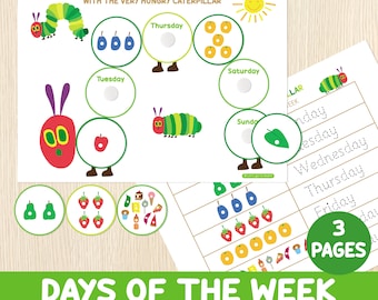Days Of The Week With The Very Hungry Caterpillar, Matching Game, Tracing Practice, Preschool Centers, Homeschool, Busy Book Pages,Printable