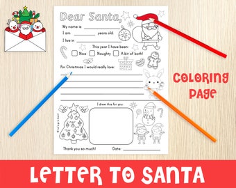 Letter to Santa Coloring Page, Kids Christmas Wish List, Printable Letter, Christmas Activity, Christmas Coloring, Dear Santa, No Prep