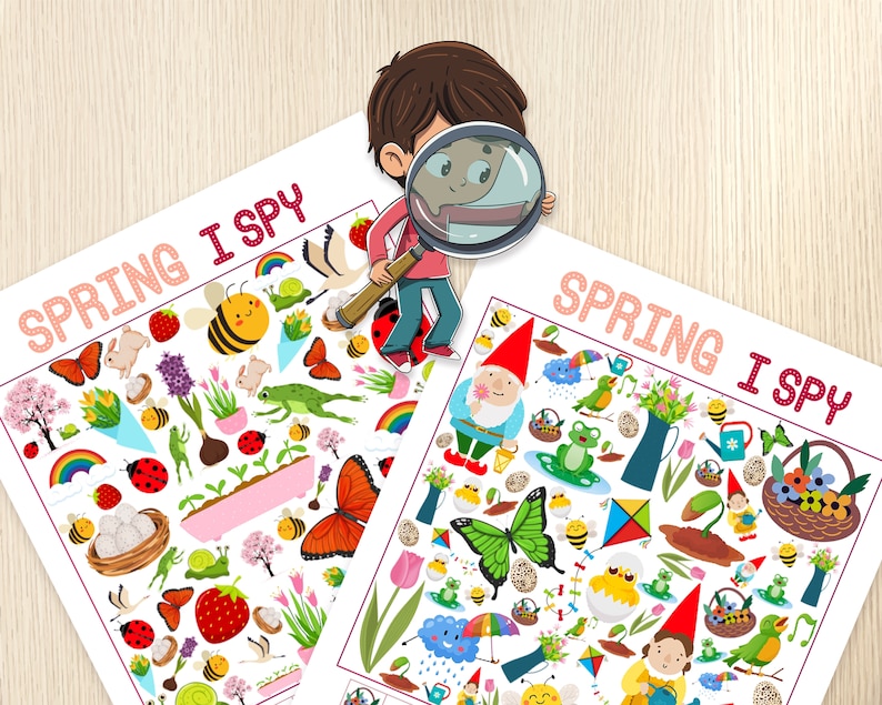 May include: Two printable "Spring I Spy" activity sheets featuring colorful illustrations of spring-themed objects, such as butterflies, ladybugs, flowers, and a gnome. A cartoon character with a magnifying glass is shown looking at the sheets.