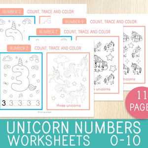 May include: Black and white printable unicorn themed worksheets for kids to count, trace, and color numbers 2, 3, 7, and 9. The worksheets feature unicorns, stars, clouds, and rainbows. The text "COUNT, TRACE AND COLOR" and "NUMBER 2, 3, 7, 9" are included on the worksheets. The text "UNICORN NUMBERS WORKSHEETS 0-10" and "11 PAGES" are included on the bottom of the page.