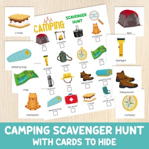 Búsqueda del tesoro para acampar, búsqueda del tesoro en interiores y exteriores con tarjetas para esconder, juego imprimible para niños, primavera, verano, otoño, actividad imprimible
